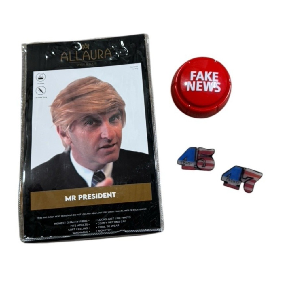 Novelty Trump Fake News Button, Novelty Trump Wig, Custom Shrinky Sink‎ Earrings